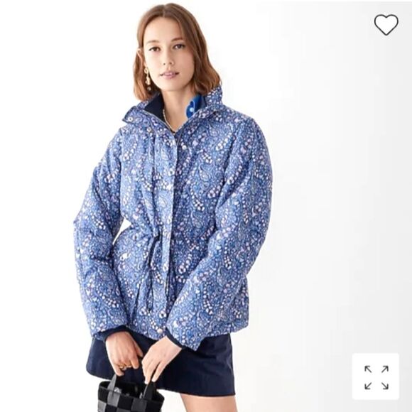 J CREW Liberty Print Cinched Waist Puffer Jacket Blue NWT XSMALL - Picture 1 of 15